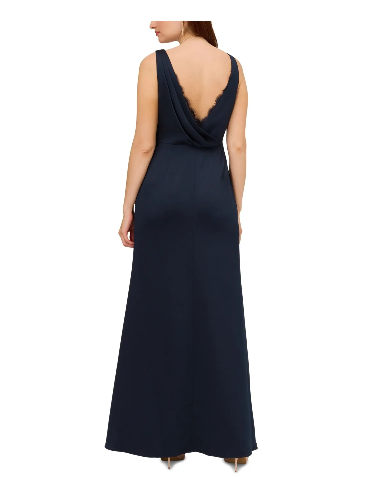 ADRIANNA PAPELL Womens Navy Zippered Lined Cowl Back Lace Trim Sleeveless V Neck Full-Length Evening Gown Dress