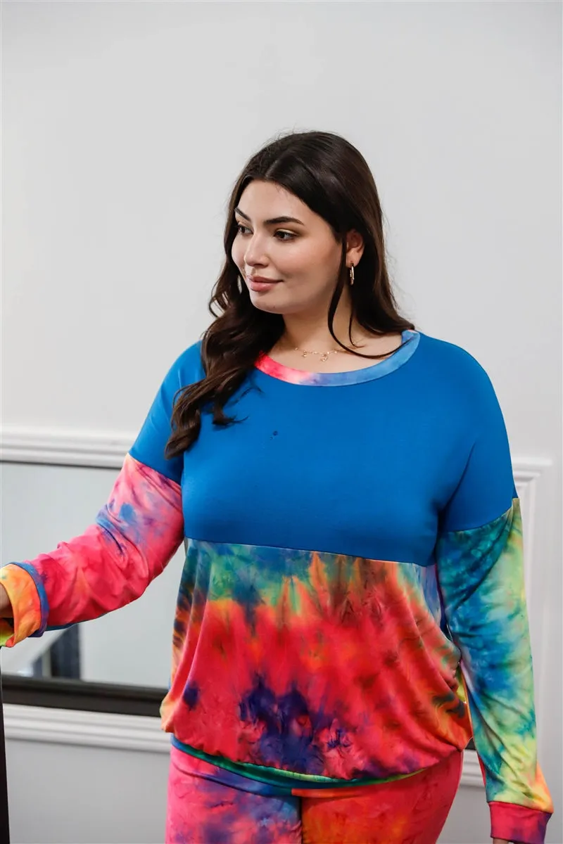 Blue Neon Rainbow Tie-dye Colorblock Top & Biker Shorts Set