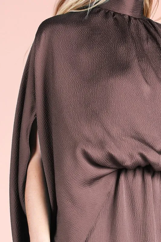 Brown Hammered Satin Mock Neck Caftan Mini Dress