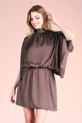 Brown Hammered Satin Mock Neck Caftan Mini Dress