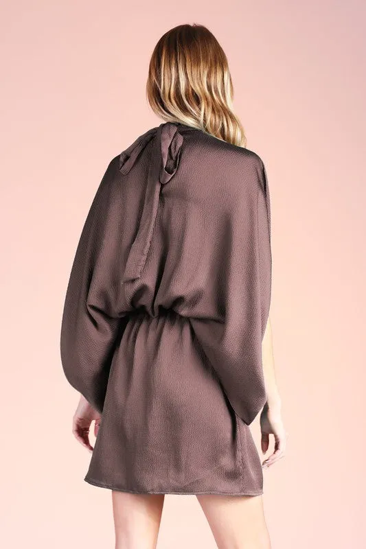 Brown Hammered Satin Mock Neck Caftan Mini Dress