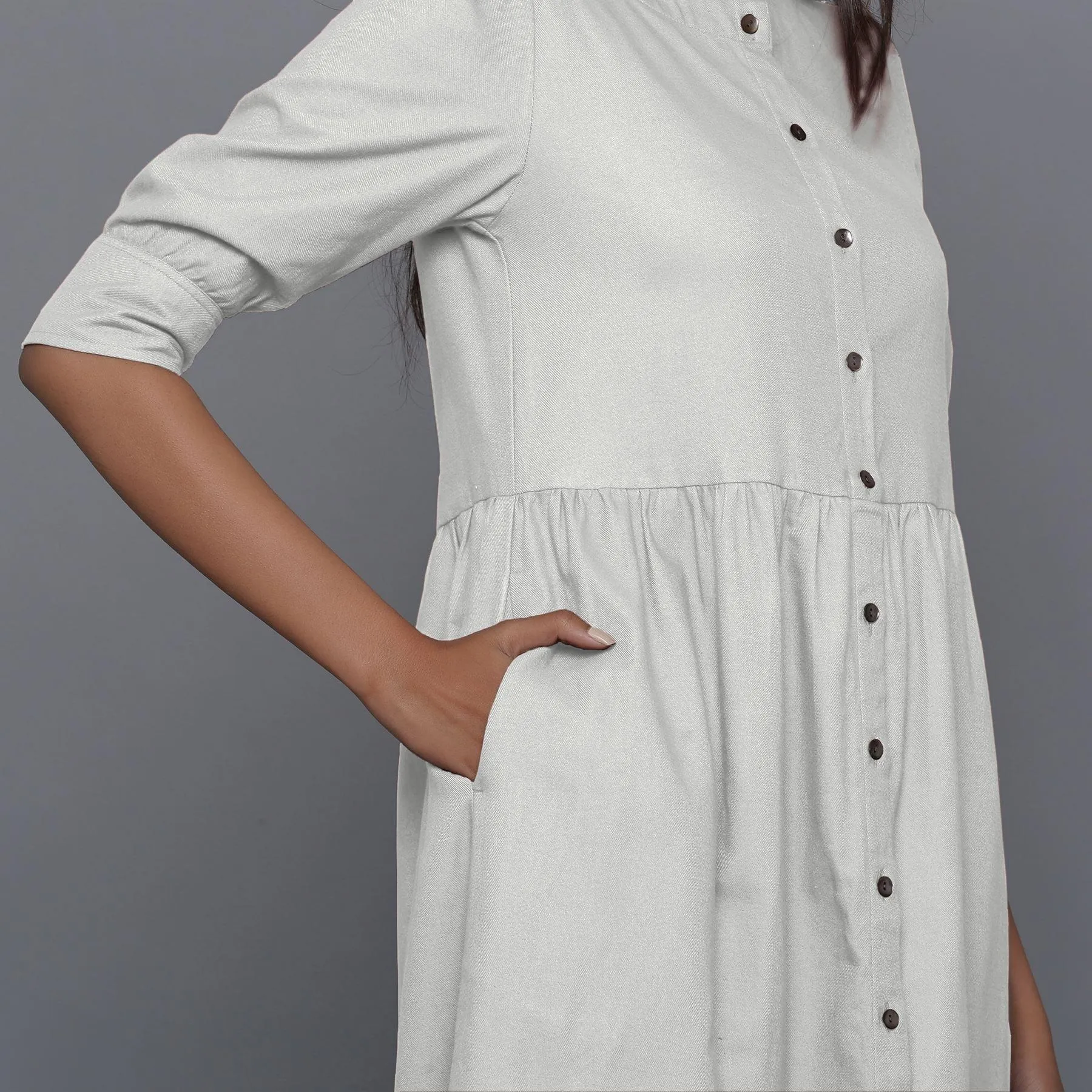 Cloudy Grey Warm Cotton Flannel Gathered Maxi Dress