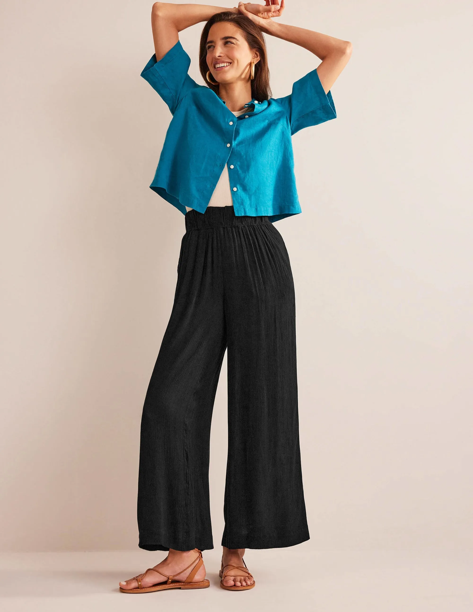 Crinkle Wide Leg Trousers-Black