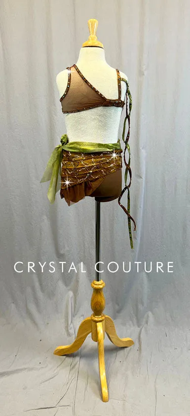 Custom Brown Connected Bra-Top and Bootie Shorts with Green Accents- Swarovski Rhinestones