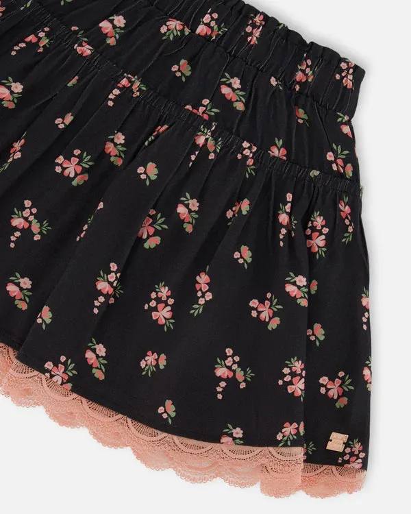 Deux Par Deux Girls Flare Skirt  G20J80  Small Flowers on Black *