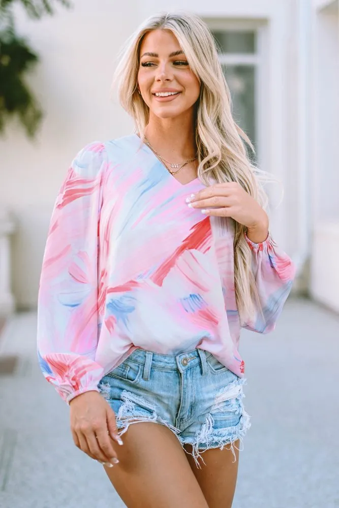 Dose Of Fashion Printed Puff Sleeve V Neck Blouse