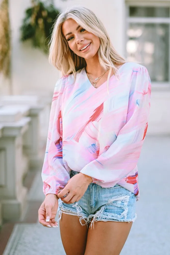 Dose Of Fashion Printed Puff Sleeve V Neck Blouse