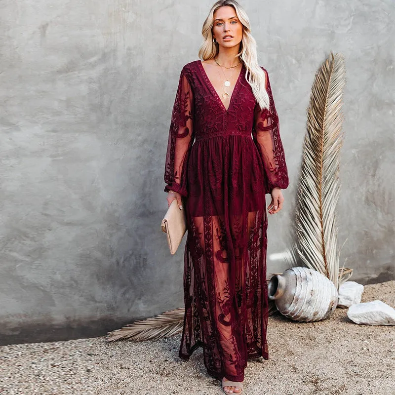 Elegant V-neck Lace Beach Maxi Dress