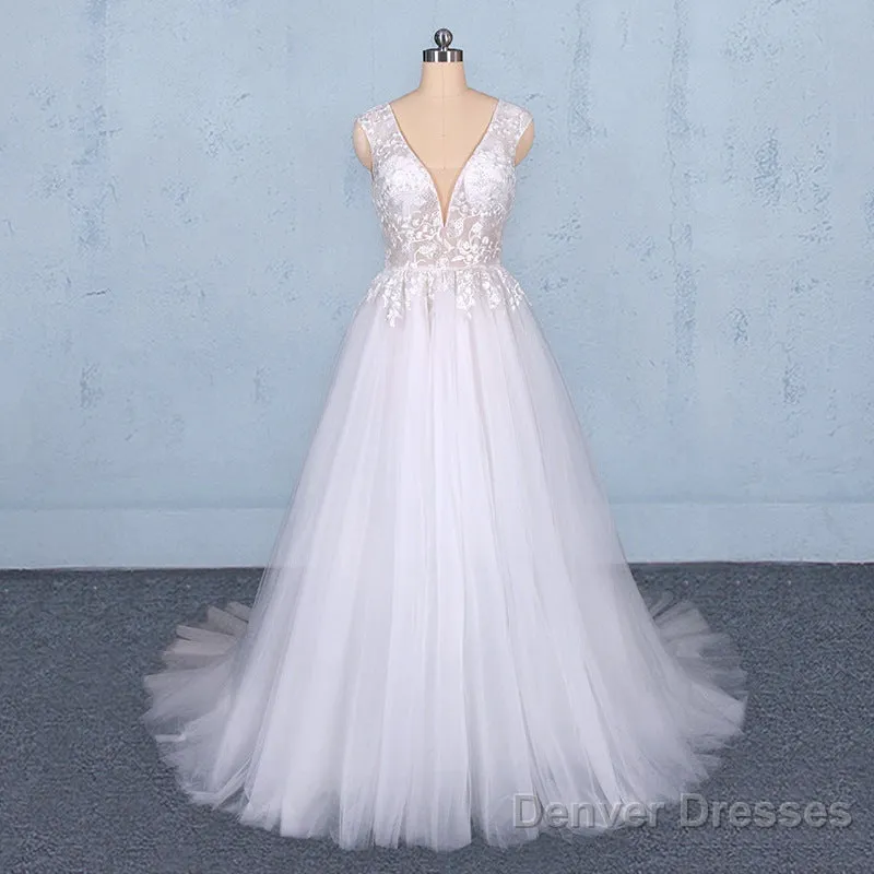 Flowy A-line Long V-neck Lace Tulle Beach Wedding Dresses Bridal Gowns
