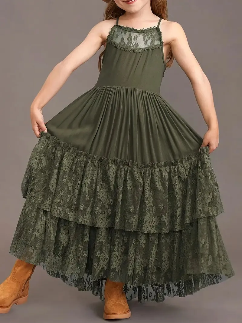 Flowy Lace Girls Dress | Olive Green