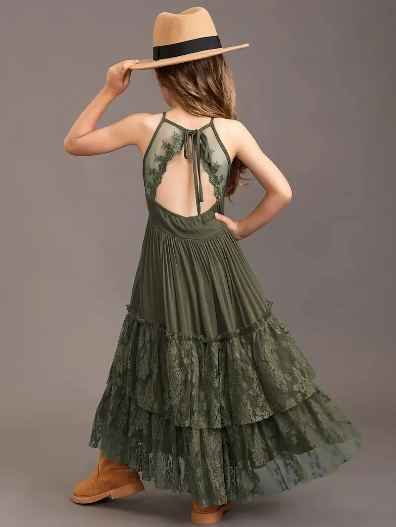 Flowy Lace Girls Dress | Olive Green