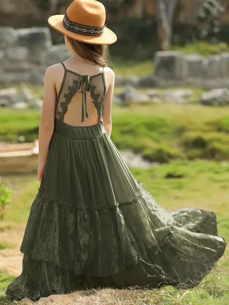 Flowy Lace Girls Dress | Olive Green