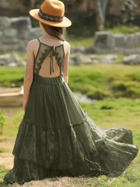 Flowy Lace Girls Dress | Olive Green