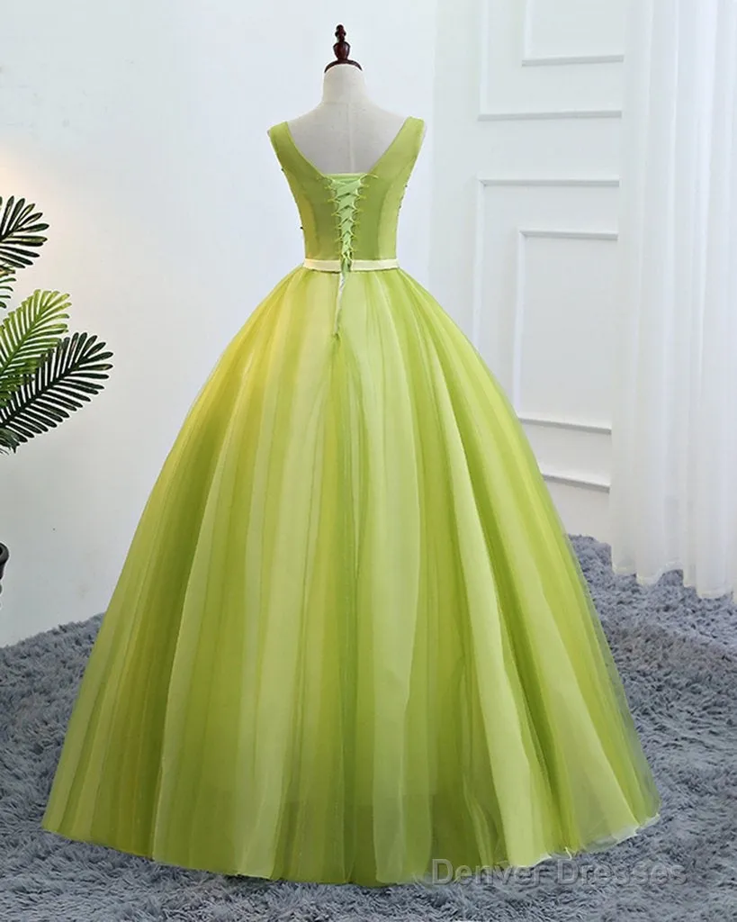 Fresh Green Tulle V Neck Long Lace Up Senior Prom Dress With Applique