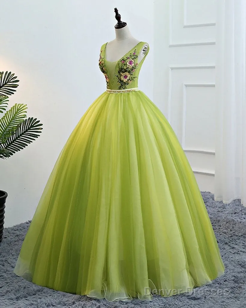 Fresh Green Tulle V Neck Long Lace Up Senior Prom Dress With Applique