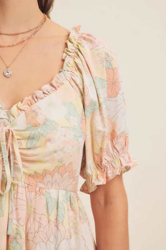 FRONT RUCHED FLORAL MINI DRESS WITH PUFF SLEEVES