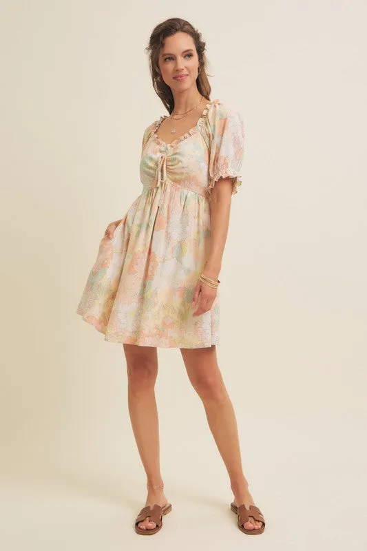 FRONT RUCHED FLORAL MINI DRESS WITH PUFF SLEEVES