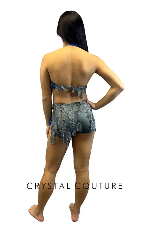 Gray and Royal Blue Bra-Top and Booty Shorts/Half Skirt - Swarovski Rhinestones
