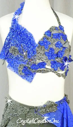 Gray and Royal Blue Bra-Top and Booty Shorts/Half Skirt - Swarovski Rhinestones