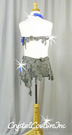 Gray and Royal Blue Bra-Top and Booty Shorts/Half Skirt - Swarovski Rhinestones