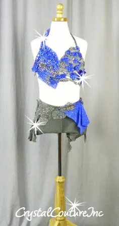 Gray and Royal Blue Bra-Top and Booty Shorts/Half Skirt - Swarovski Rhinestones