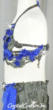 Gray and Royal Blue Bra-Top and Booty Shorts/Half Skirt - Swarovski Rhinestones