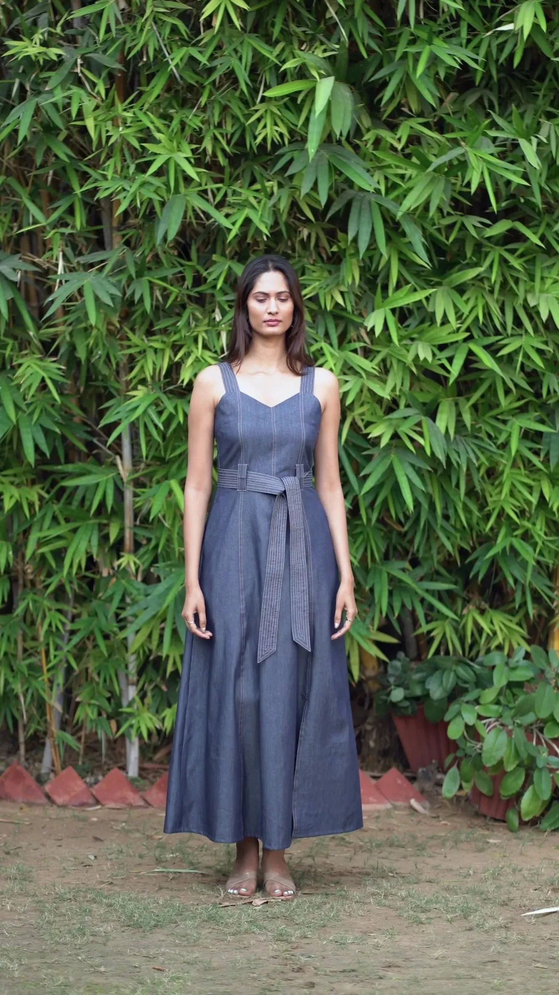 Indigo Cotton Denim Flared Princess Line Ankle Length Slit Dress