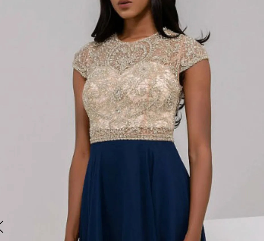 Jovani JVN47897 Size 16 Navy A Line Beaded Formal Dress evening Gown beaded
