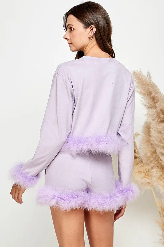 Lavender Women Faux Fur Long Crop Top Mini Shorts Set