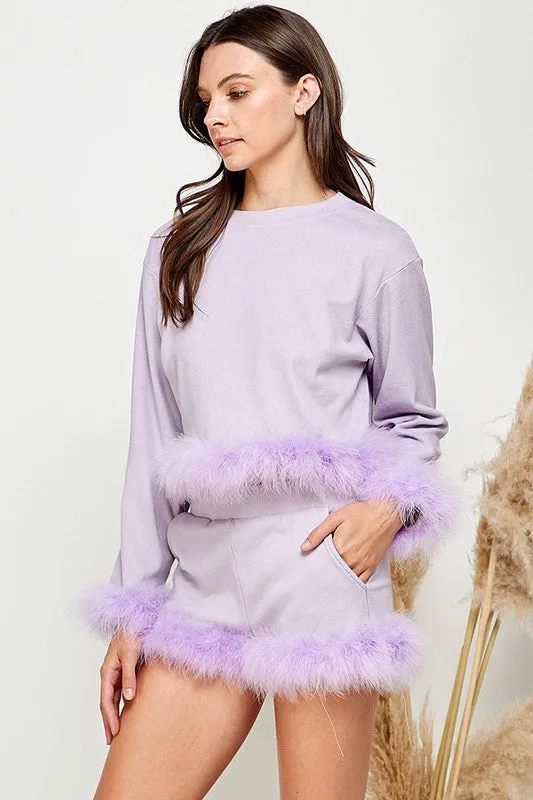 Lavender Women Faux Fur Long Crop Top Mini Shorts Set