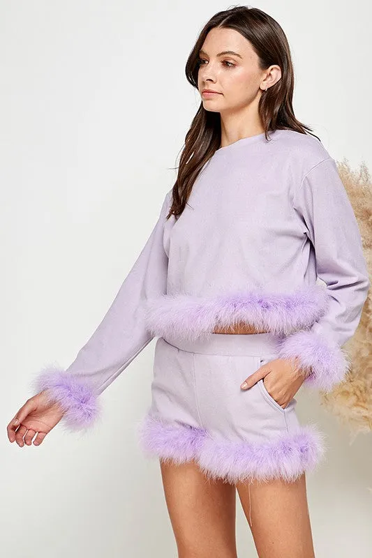Lavender Women Faux Fur Long Crop Top Mini Shorts Set