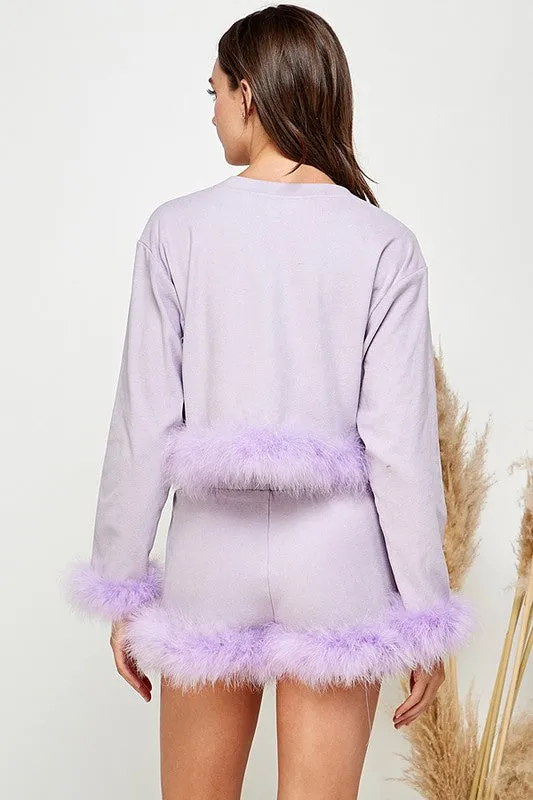 Lavender Women Faux Fur Long Crop Top Mini Shorts Set