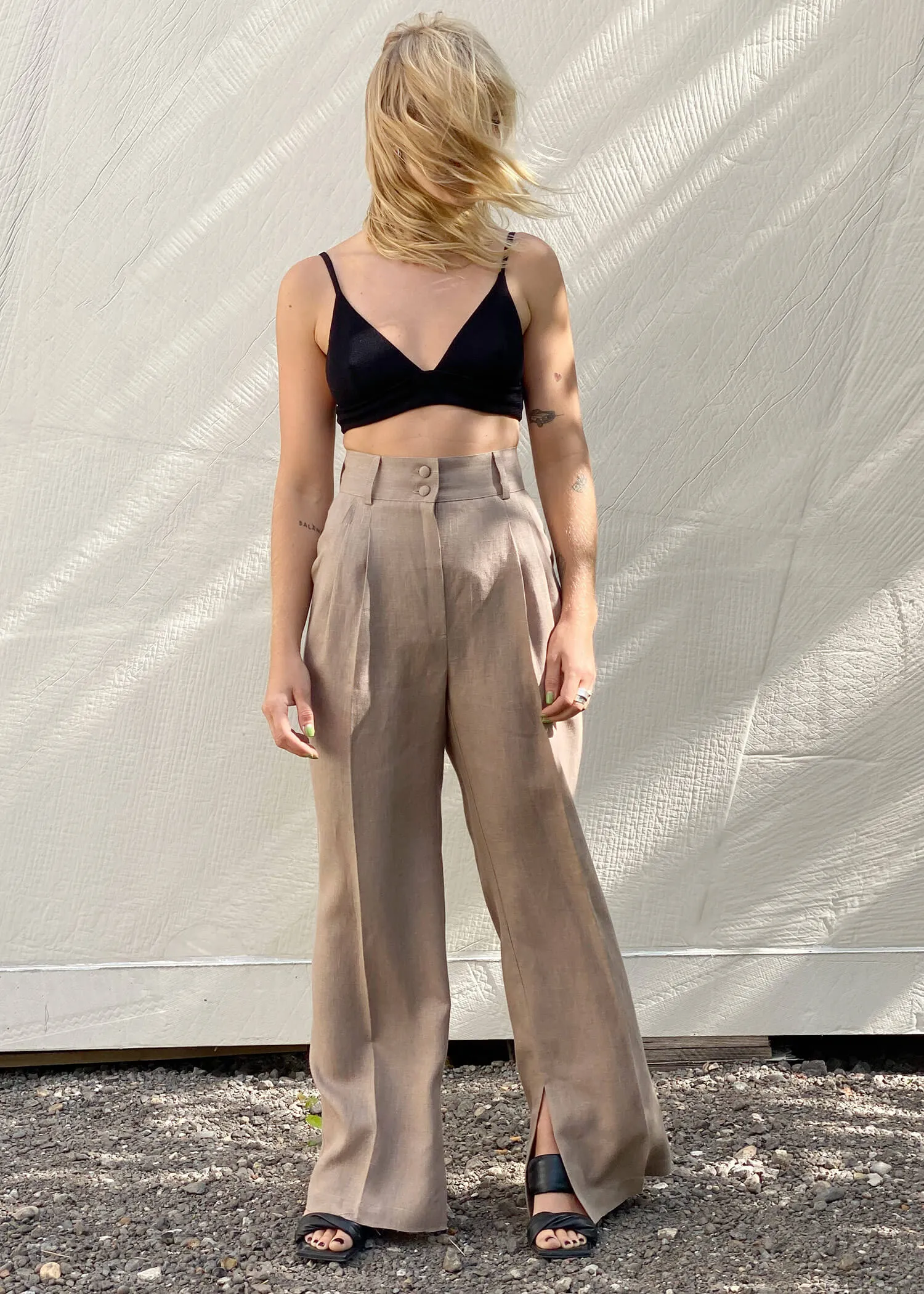 LYNA Wide High-waisted Linen Trousers - Latte