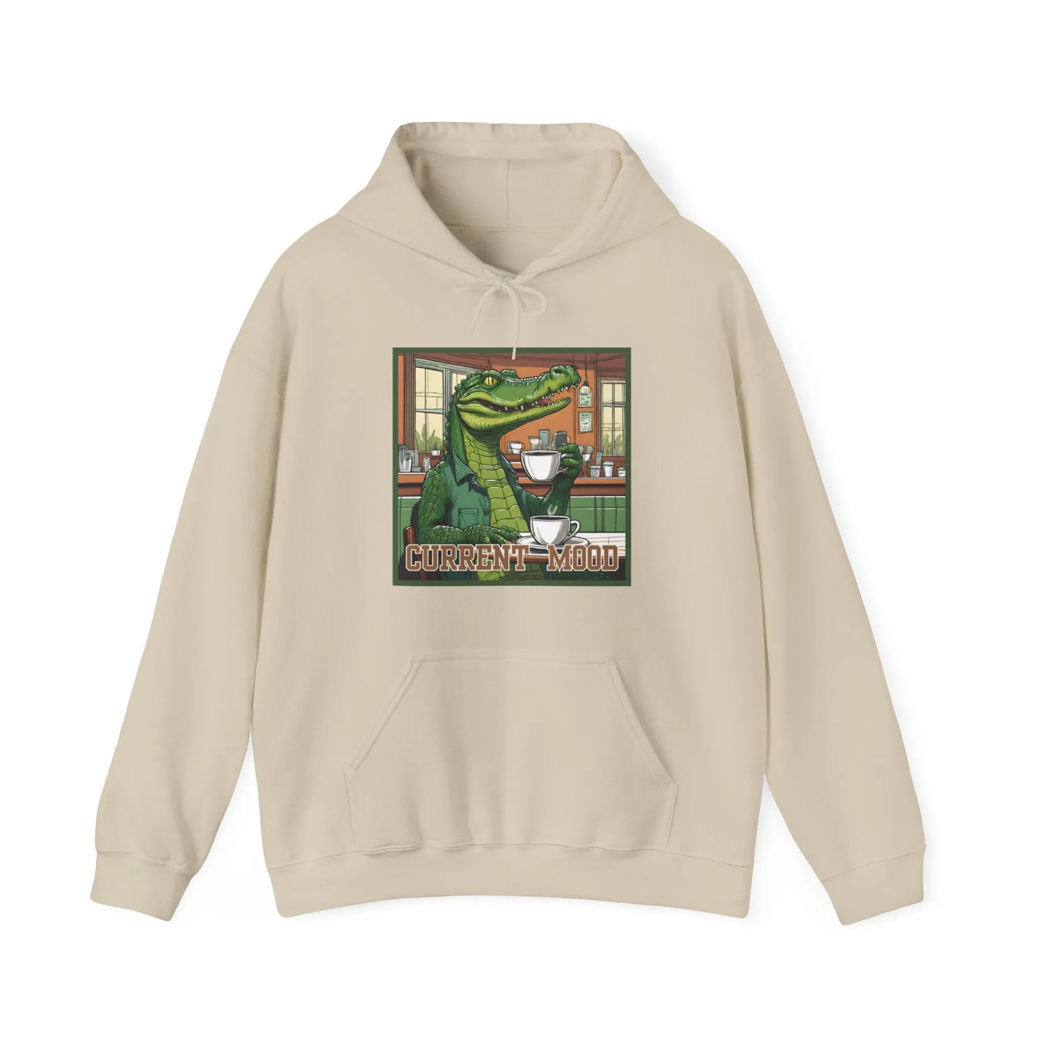 Men's Hooded Sweatshirt: 'Current Mood' Alligator Drinking Coffee