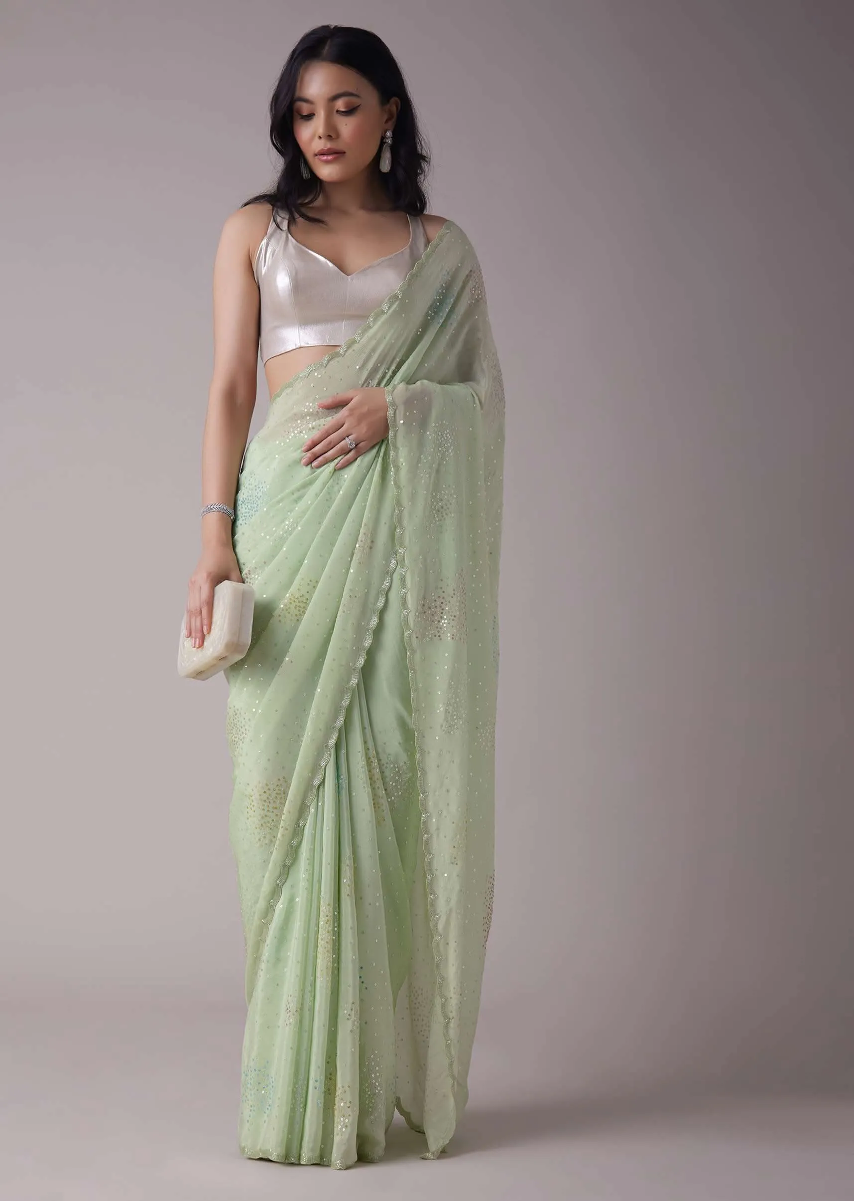 Minty Green Crepe Saree With Sequins