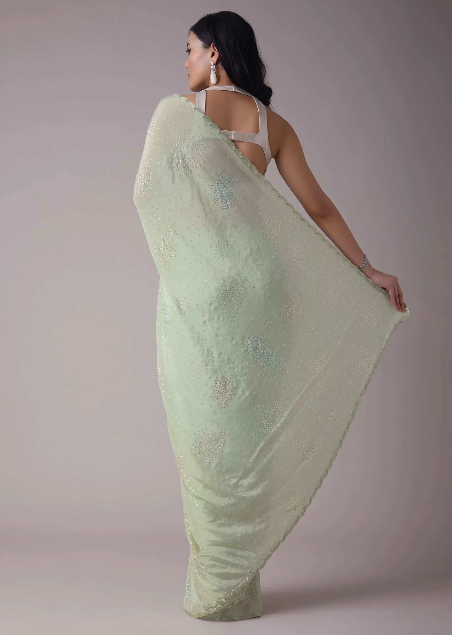 Minty Green Crepe Saree With Sequins
