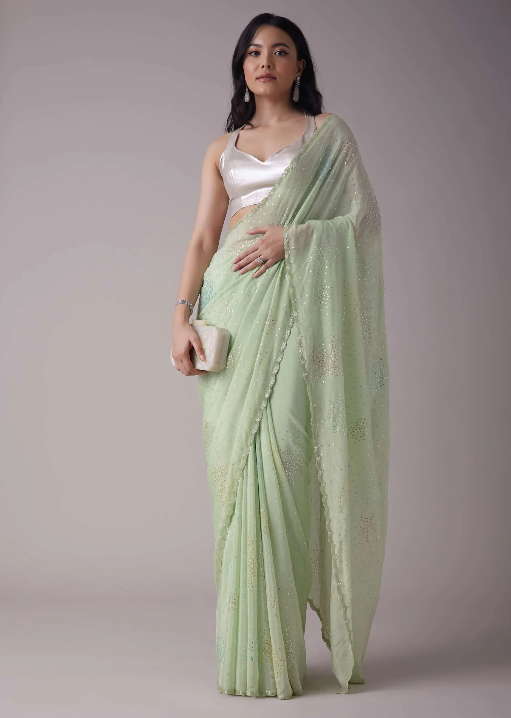 Minty Green Crepe Saree With Sequins