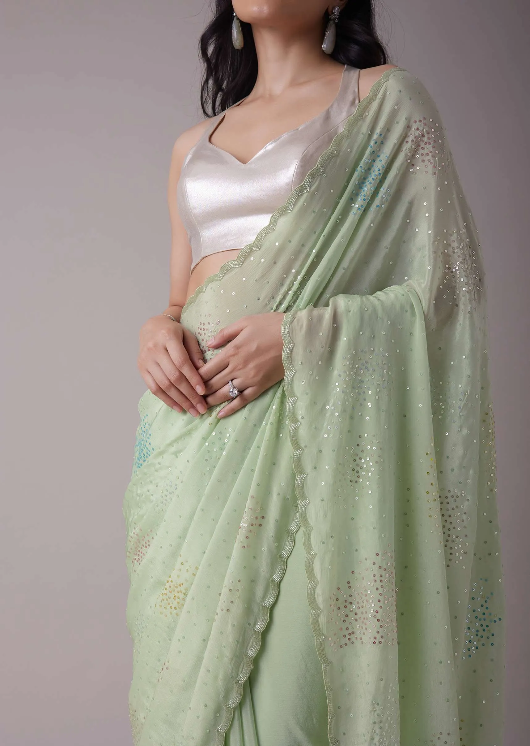Minty Green Crepe Saree With Sequins