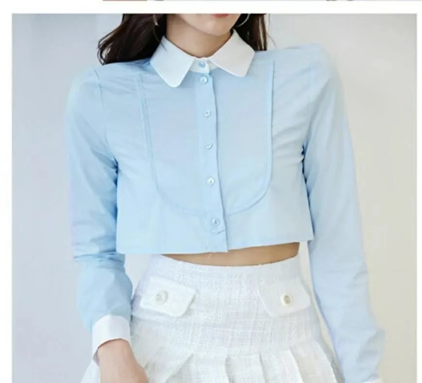 Pastel Crop White Collar Lapel Shirt