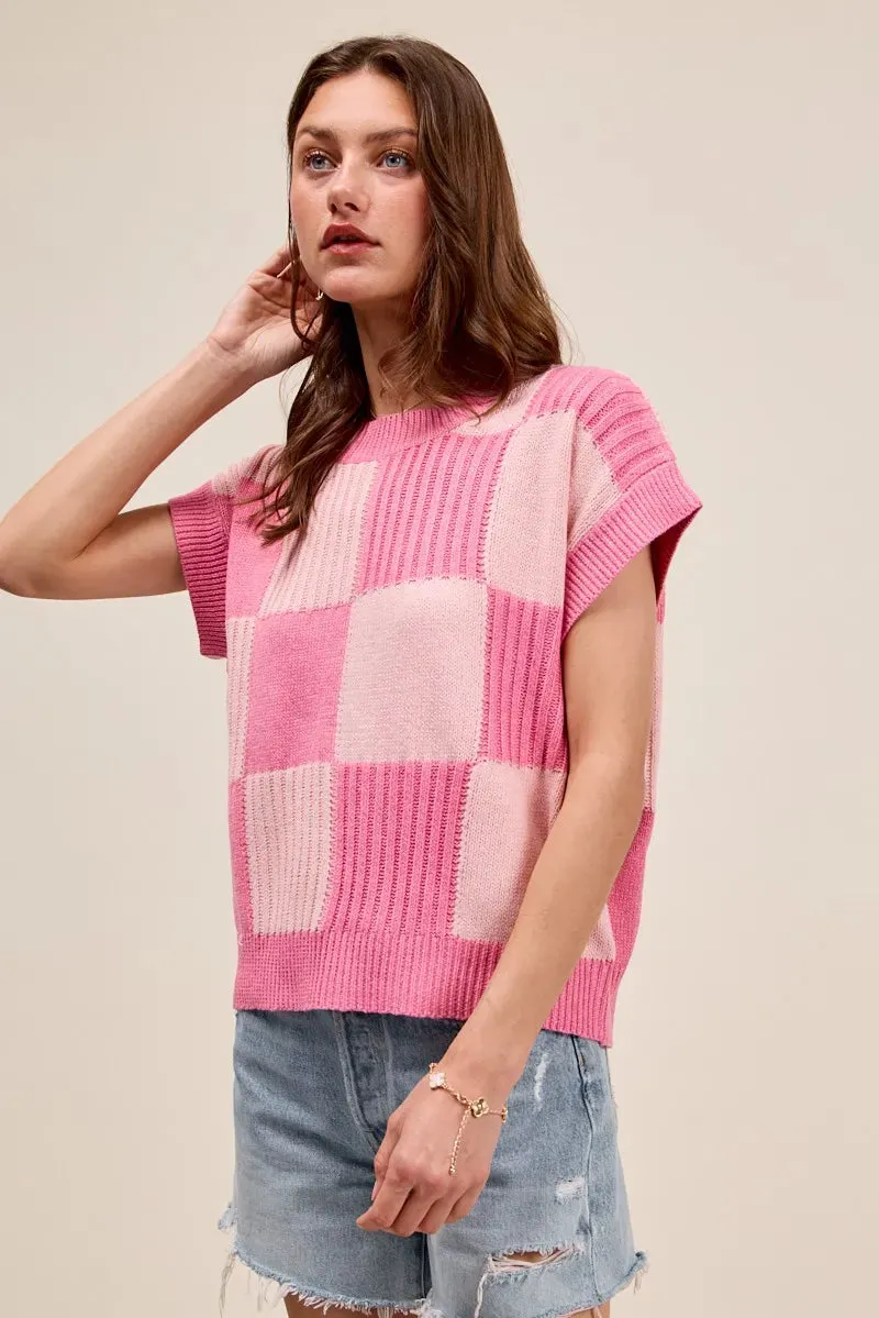 Pink Check Plaid Casual Sweater Top – Oversized Ribbed Knit Pullover