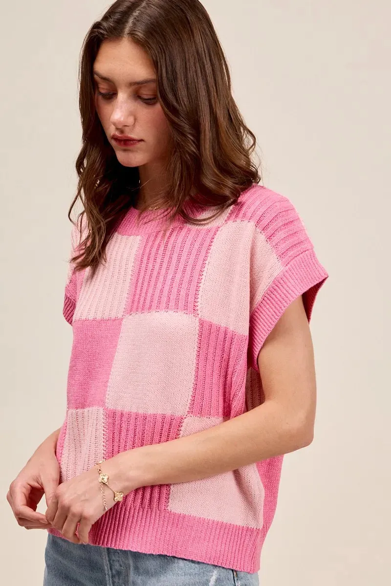 Pink Check Plaid Casual Sweater Top – Oversized Ribbed Knit Pullover