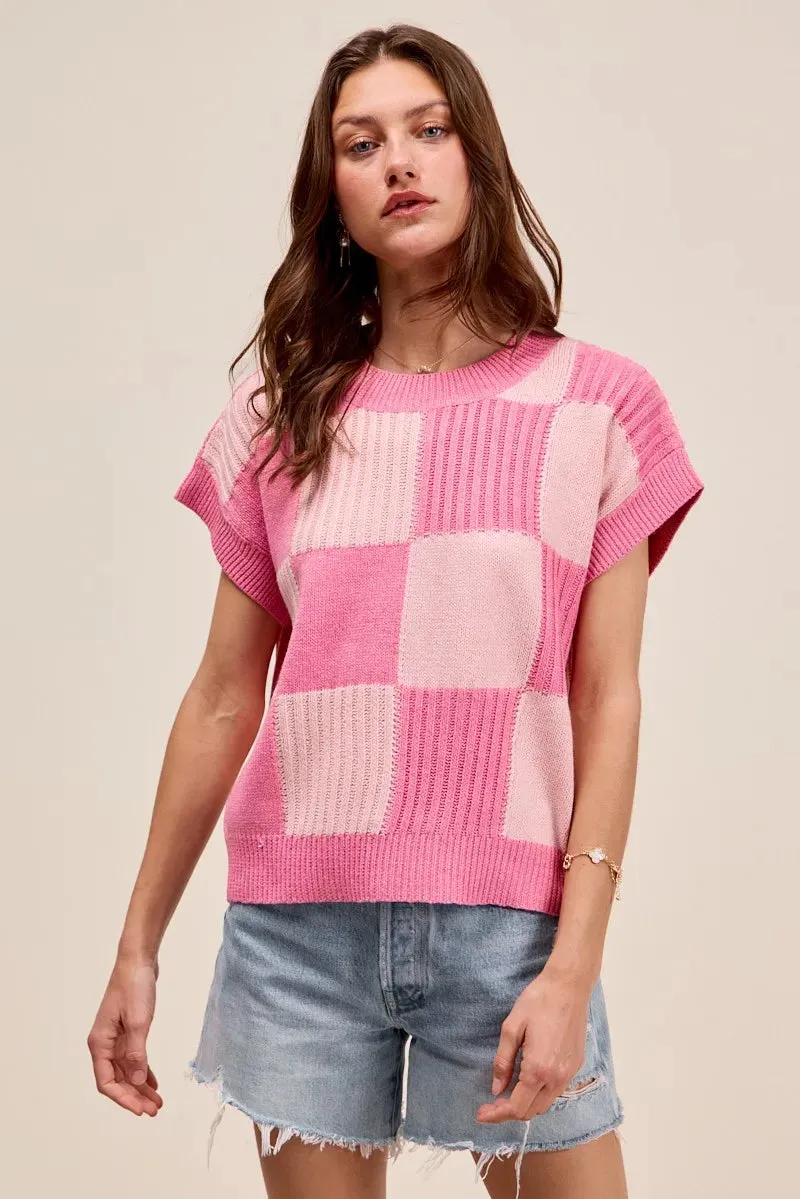 Pink Check Plaid Casual Sweater Top – Oversized Ribbed Knit Pullover