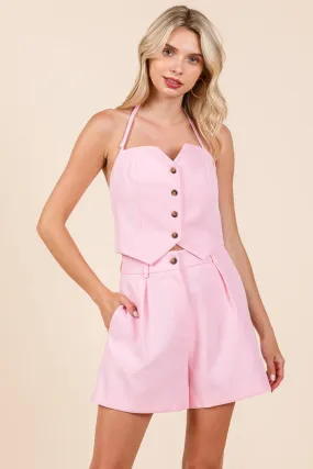 Pink Halter Crop Top and Shorts Two Piece Sets