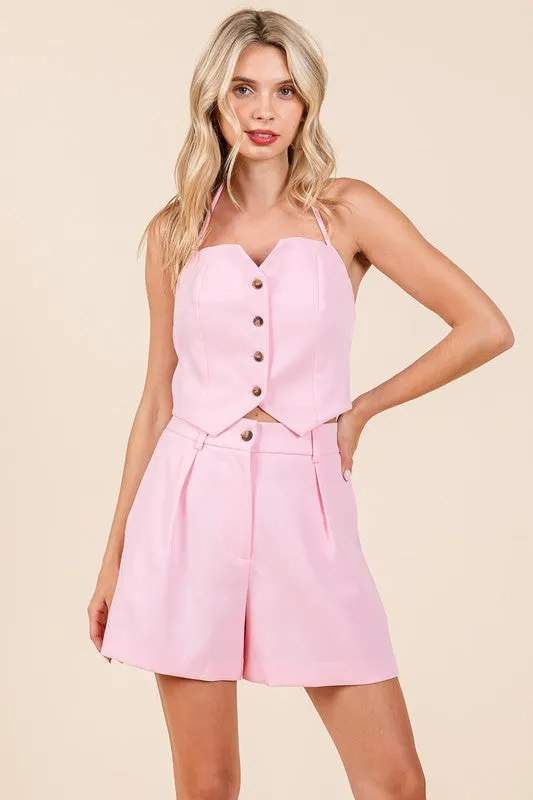 Pink Halter Crop Top and Shorts Two Piece Sets