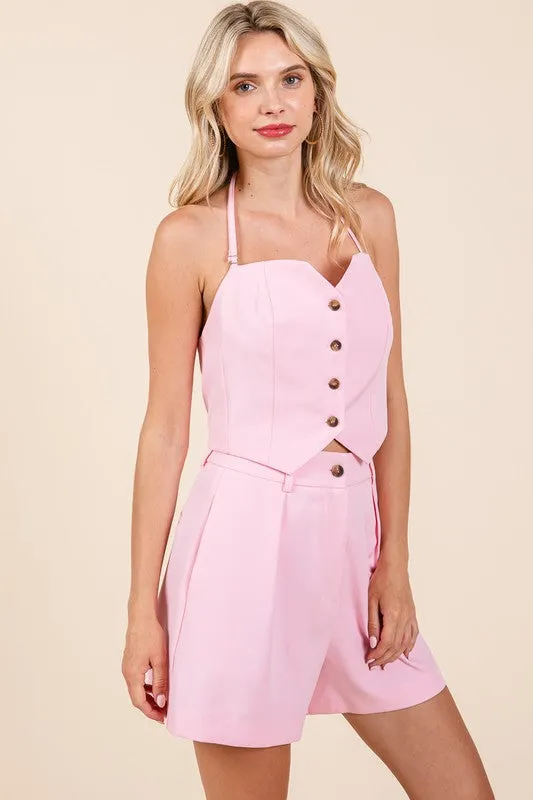 Pink Halter Crop Top and Shorts Two Piece Sets