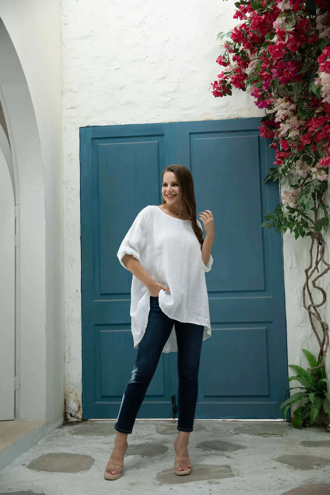 Roll Sleeve Linen Top