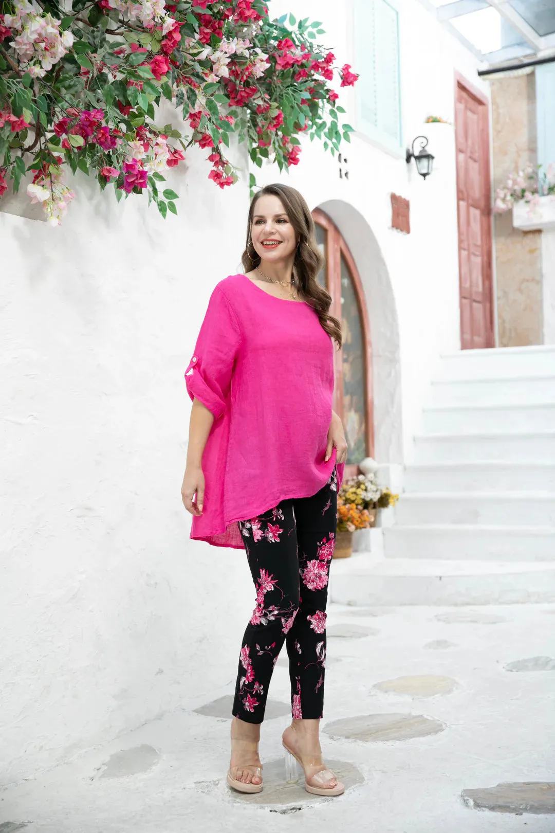 Roll Sleeve Linen Top