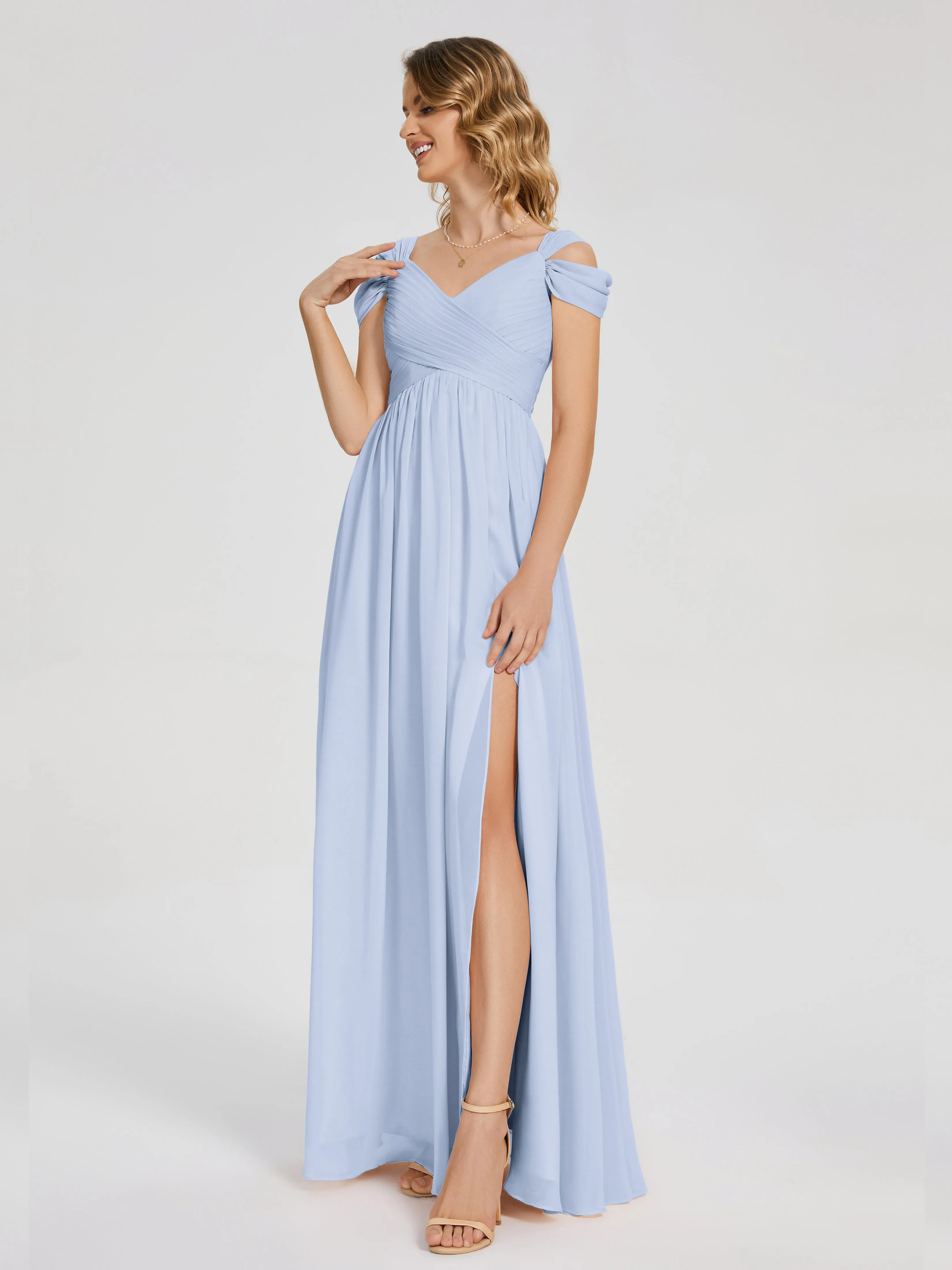 Sky Blue Dress Bridesmaid Charlee Flowy Split Chiffon Bridesmaid Dresses