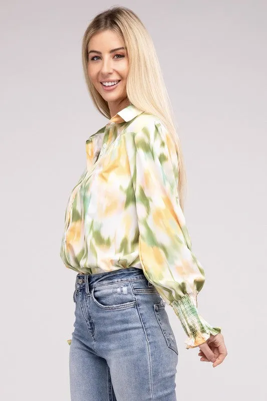 Springtime Watercolor Collared Long Sleeve Blouse