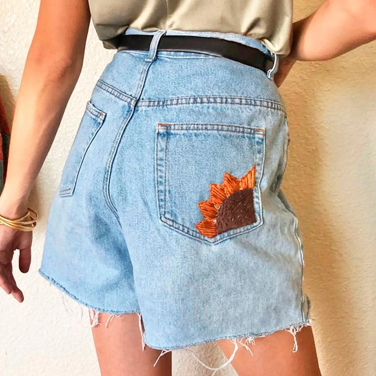 Sunflower Embroidery Light Blue Shorts